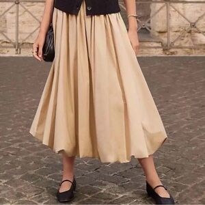 LOFT Tan A-Line Balloon Midi Skirt